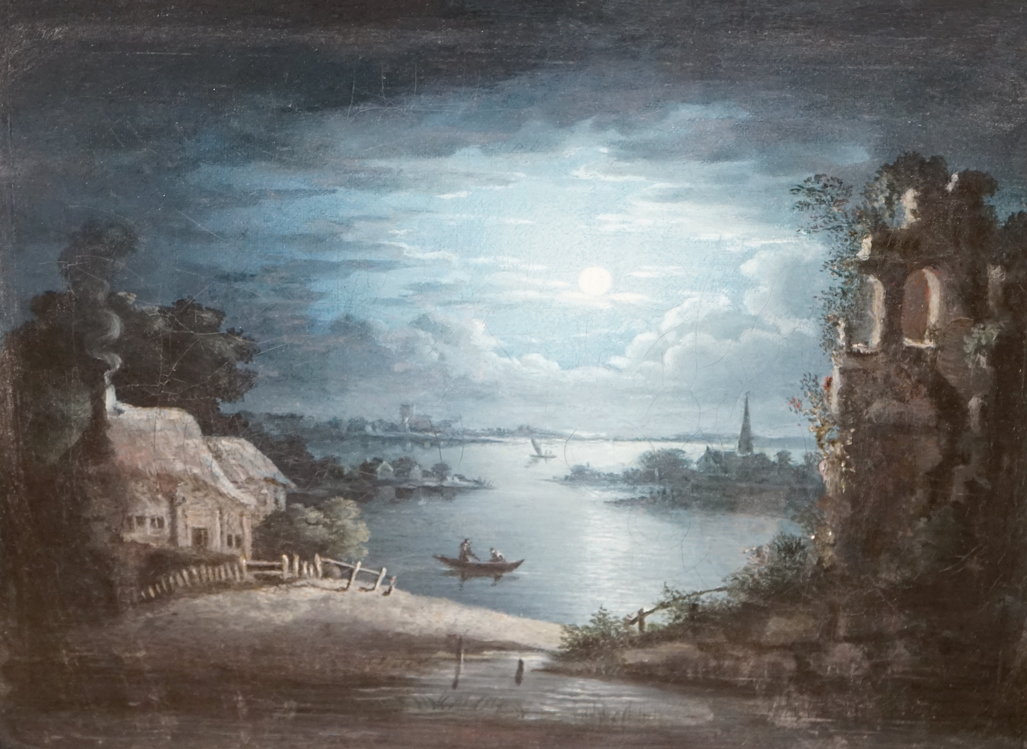 Pever?, 19th century, oil on canvas, Moonlit scene with cottages and boats, 19.5 x 20.5cm, ornate gilt framed. Condition - fair to good, some losses to the frame